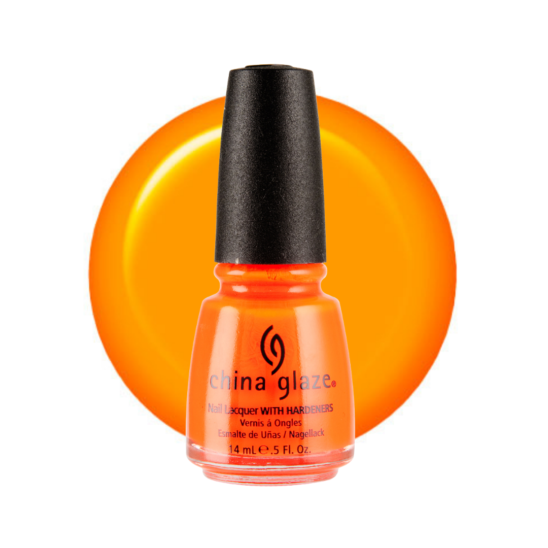 A bottle of China Glaze nail polish in a bright neon orange shade, shown in front of a matching circular orange color swatch on a white background.