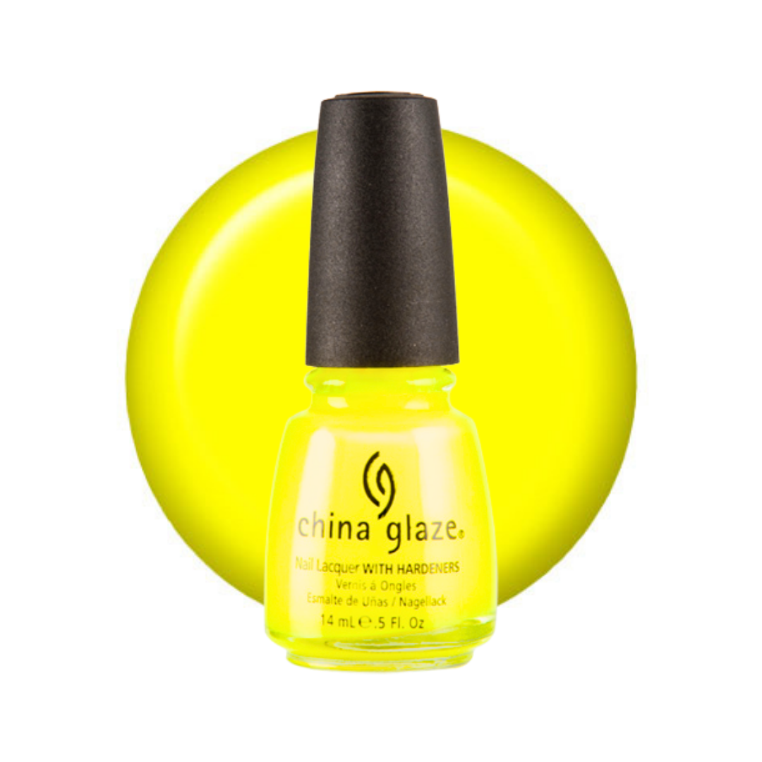 A bottle of China Glaze nail polish in a bright neon yellow shade, shown in front of a matching yellow circular color swatch on a white background.