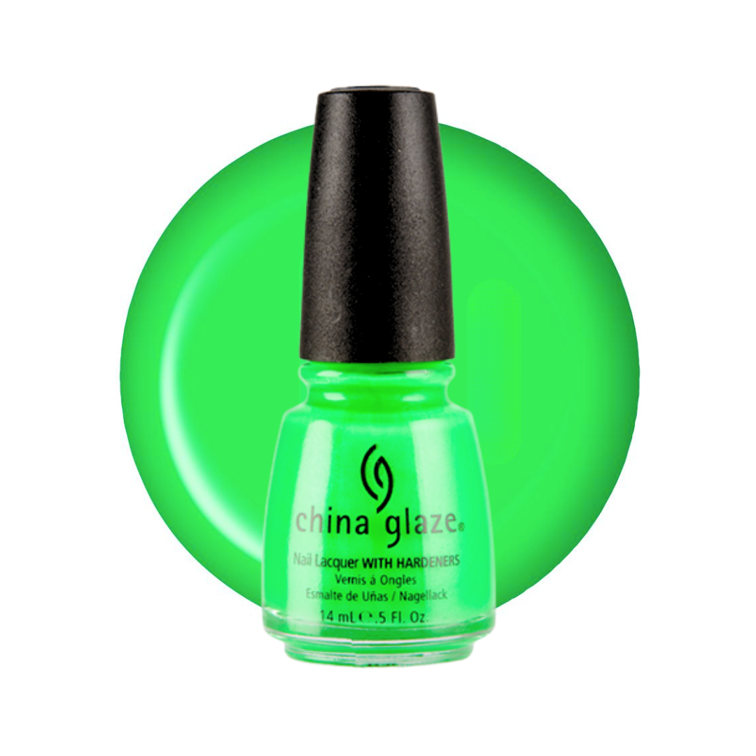 A bottle of China Glaze nail polish in a bright neon green shade, shown in front of a matching circular color swatch on a white background.