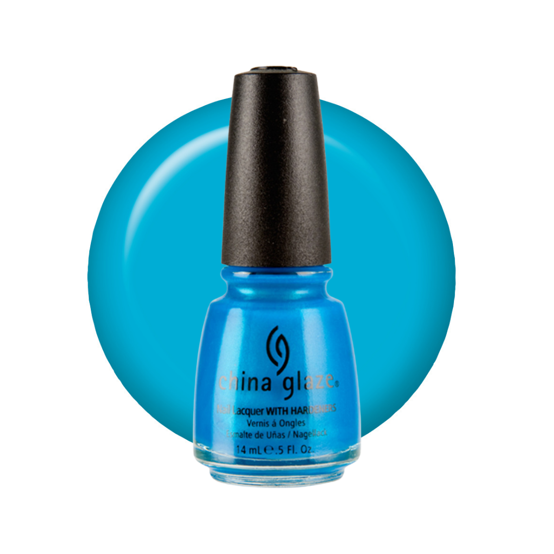 China Glaze nail polish in a bright turquoise blue shade, shown in a 14ml glass bottle, with matching circular swatch behind it.