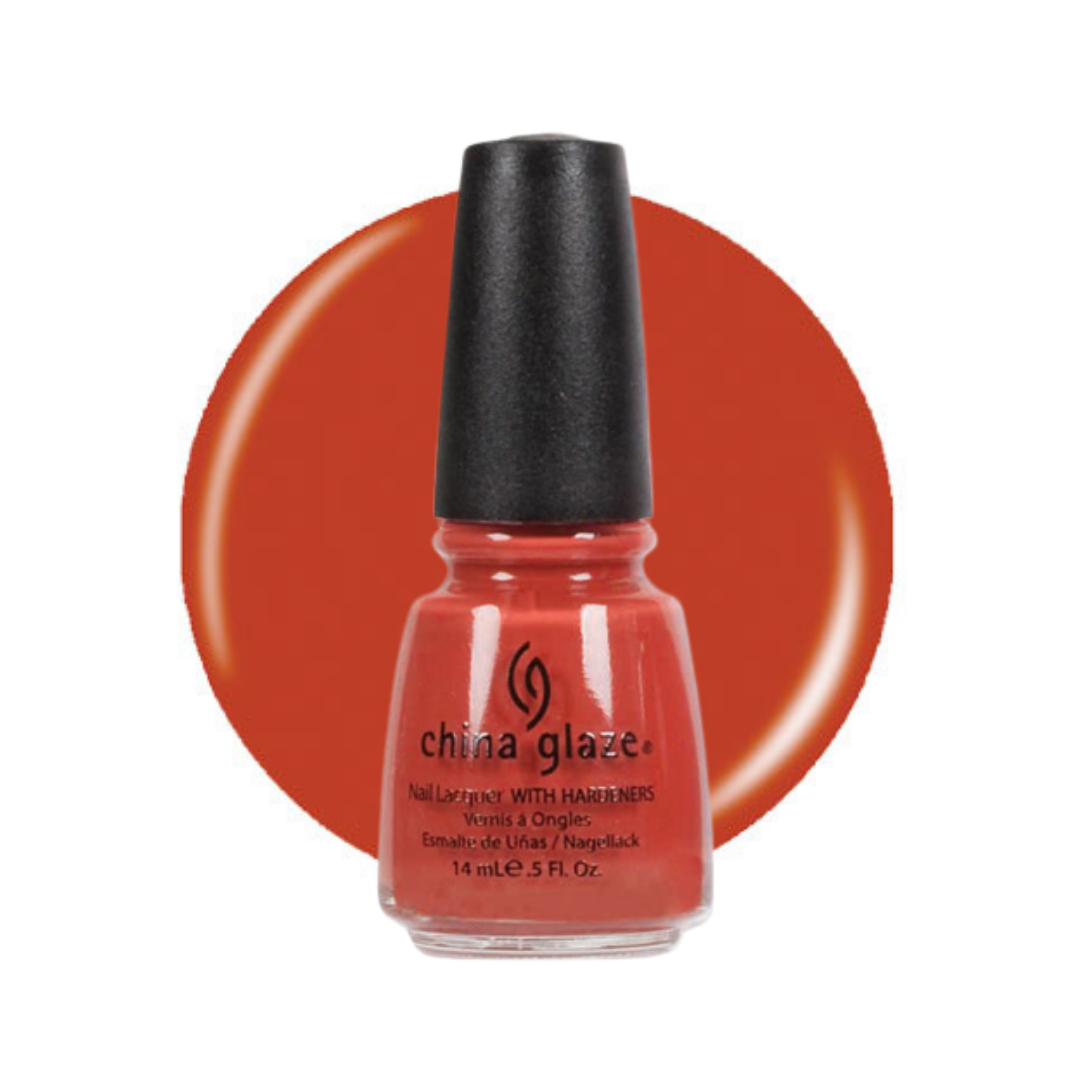 A bottle of China Glaze nail polish with a black cap, shown in front of a large circular orange-red color swatch on a white background.
