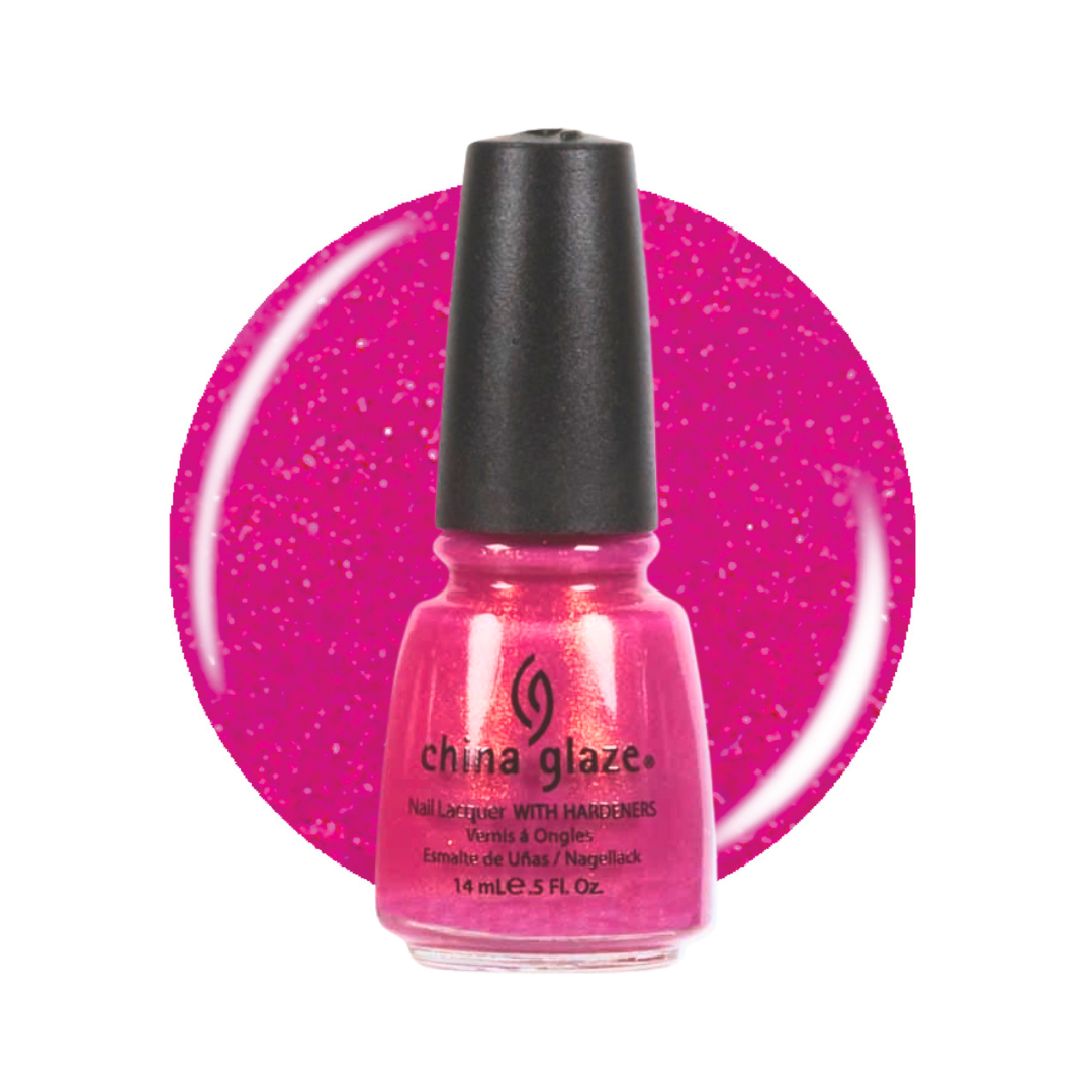 A bottle of China Glaze nail polish with hardeners in a bright pink glitter shade, set against a matching circular pink glitter swatch on a white background.