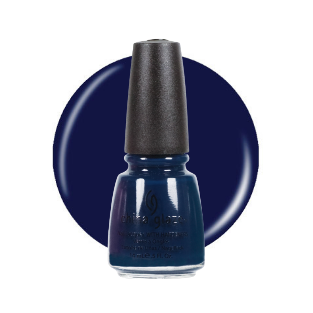 A bottle of China Glaze nail polish in a deep navy blue shade, shown in front of a matching navy blue circular color swatch on a white background.