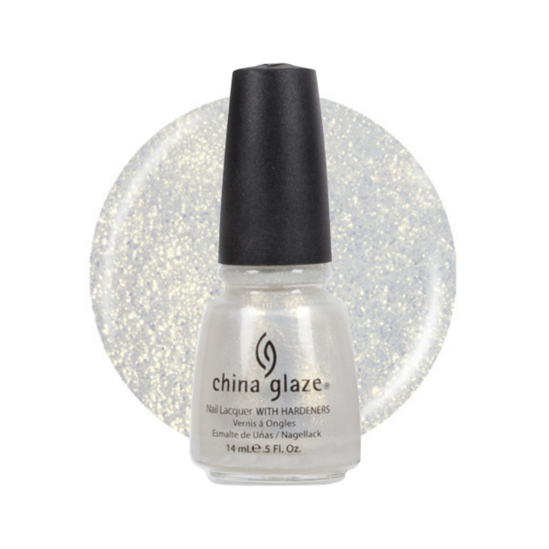 A bottle of China Glaze nail polish with a black cap, shown in front of a circular swatch of shimmering silver glitter nail polish on a white background.