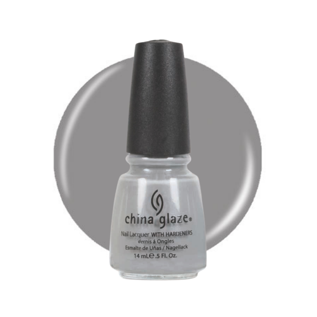 A bottle of China Glaze nail lacquer with hardeners in a light gray shade, shown against a white background with a matching gray circular color swatch behind it.