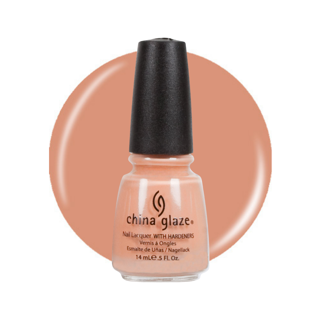 A bottle of China Glaze nail polish in the shade featuring a peachy-beige color with a black cap, set against a matching peach circular swatch on a white background.