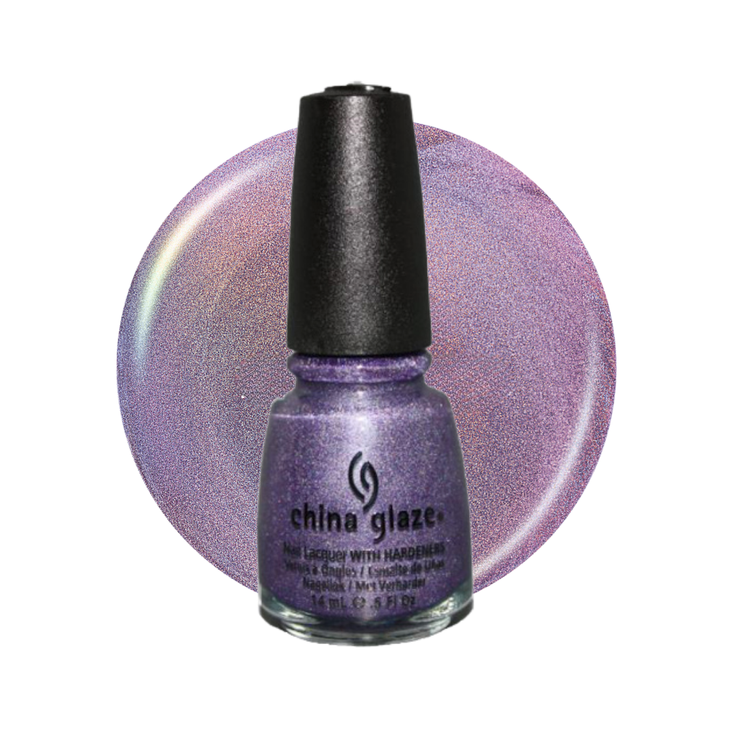 A bottle of China Glaze nail polish in a sparkling lavender-purple shade, shown in front of a matching circular swatch on a white background.