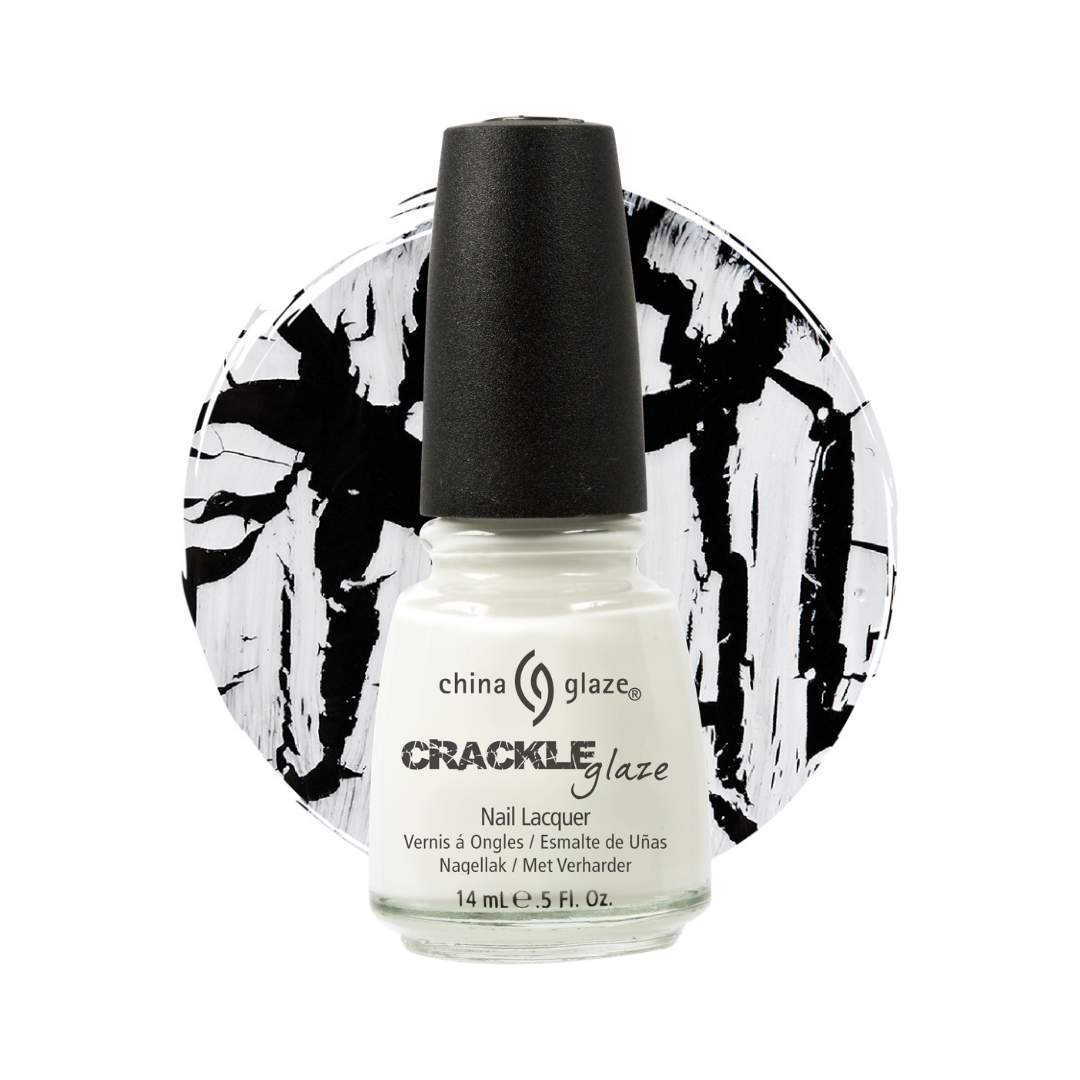 A bottle of China Glaze Crackle Glaze nail polish in a solid white shade, set against a circular black and white abstract brushstroke background on a clean white studio backdrop.