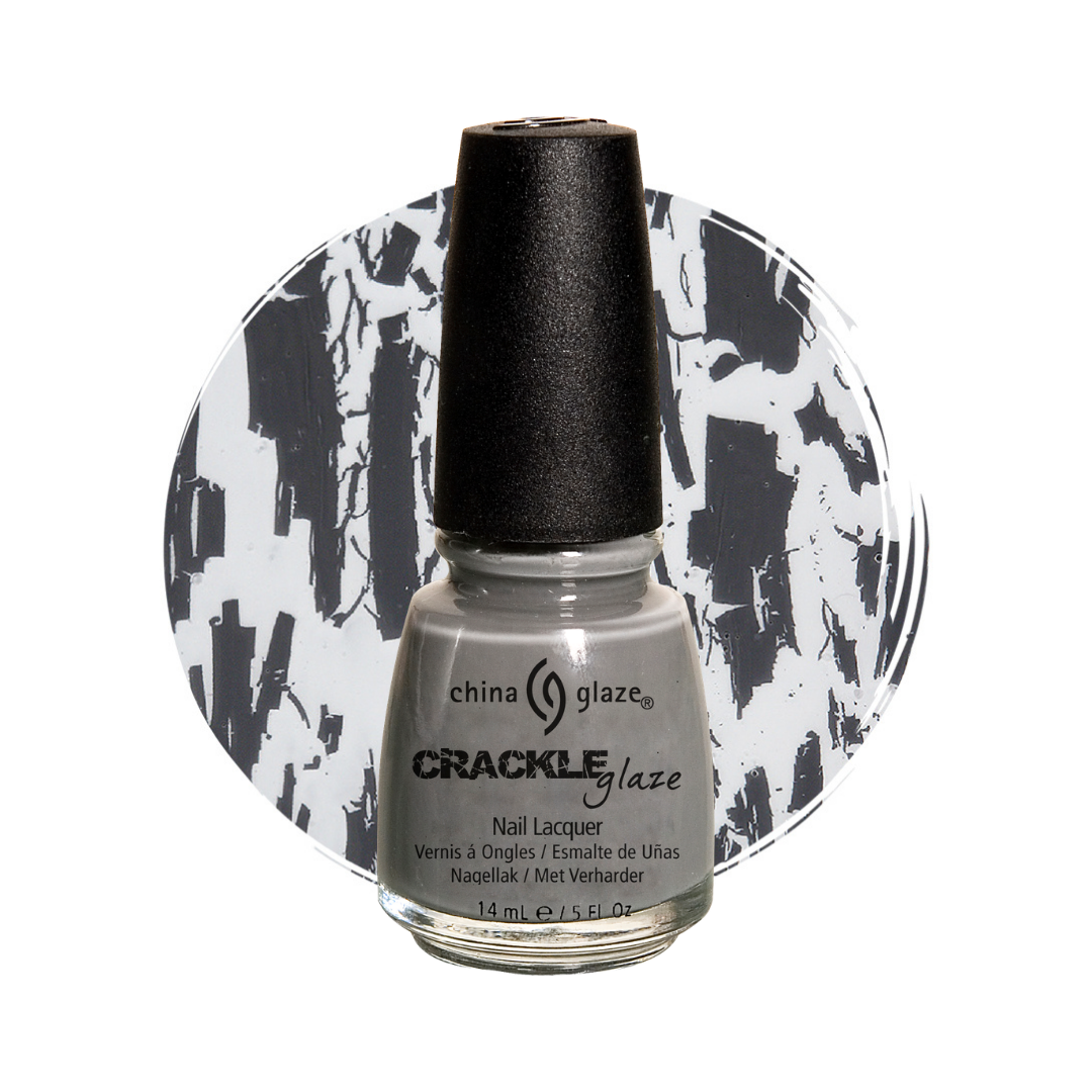 A bottle of China Glaze Crackle Glaze nail polish in a light gray shade, set against a circular black and white abstract background on a white studio backdrop.