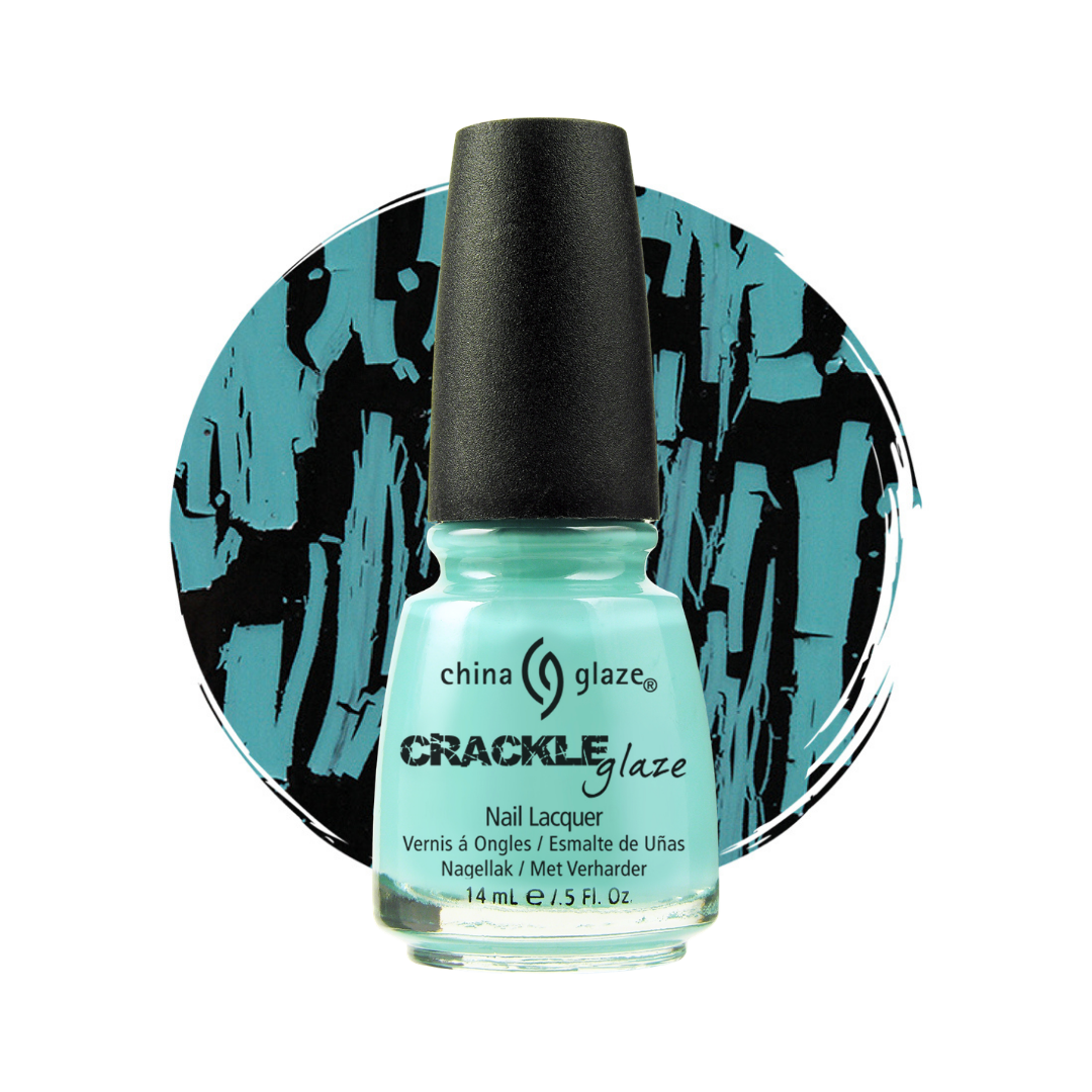 A bottle of China Glaze Crackle Glaze nail polish in a light mint green shade, set against a circular teal and black abstract background on a white studio backdrop.