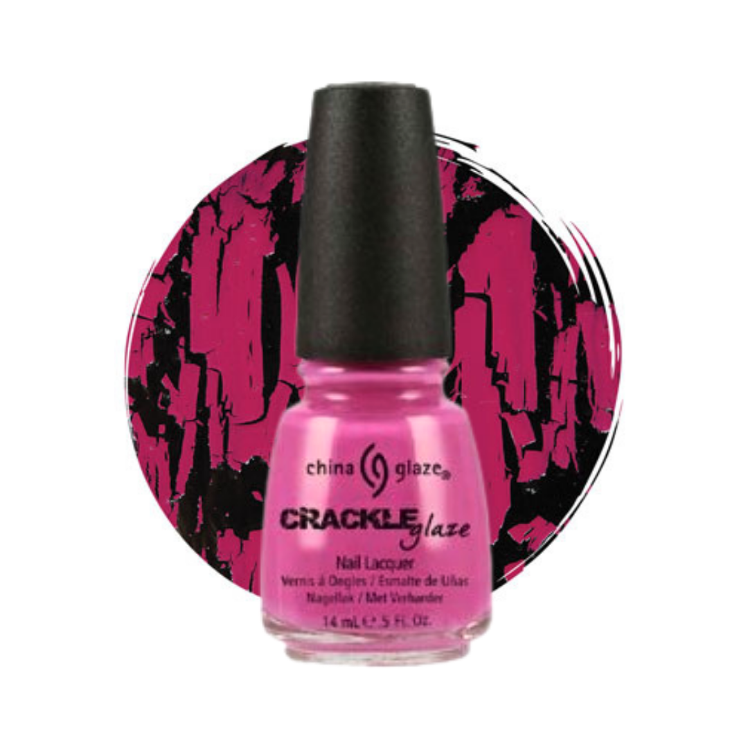 A bottle of China Glaze Crackle Glaze nail polish in a vibrant hot pink shade, shown against a white background with a circular graphic swatch of the pink crackle pattern.