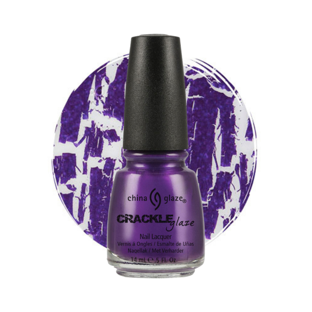 A bottle of China Glaze Crackle Glaze nail lacquer in a vibrant purple shade, set against a circular purple and white textured background on a solid white studio backdrop.