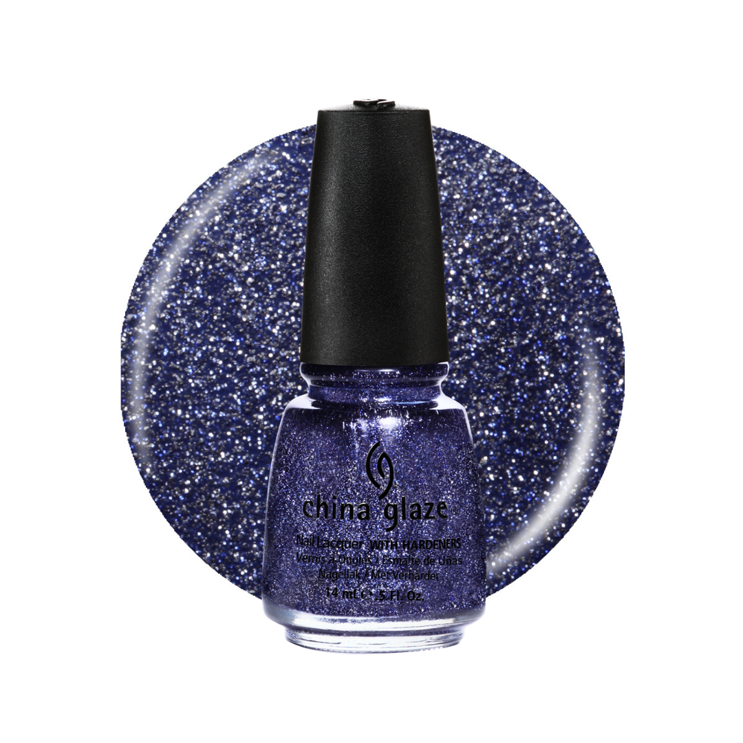 A bottle of China Glaze nail polish in a sparkling deep blue shade, shown in front of a large circular glitter swatch of the same color on a white background.