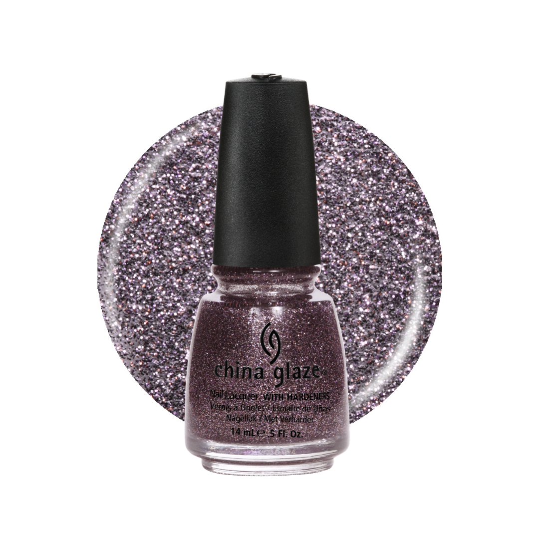 A bottle of China Glaze nail polish with a black cap, shown in front of a large circular glitter swatch of the same lavender-purple shade on a white background.