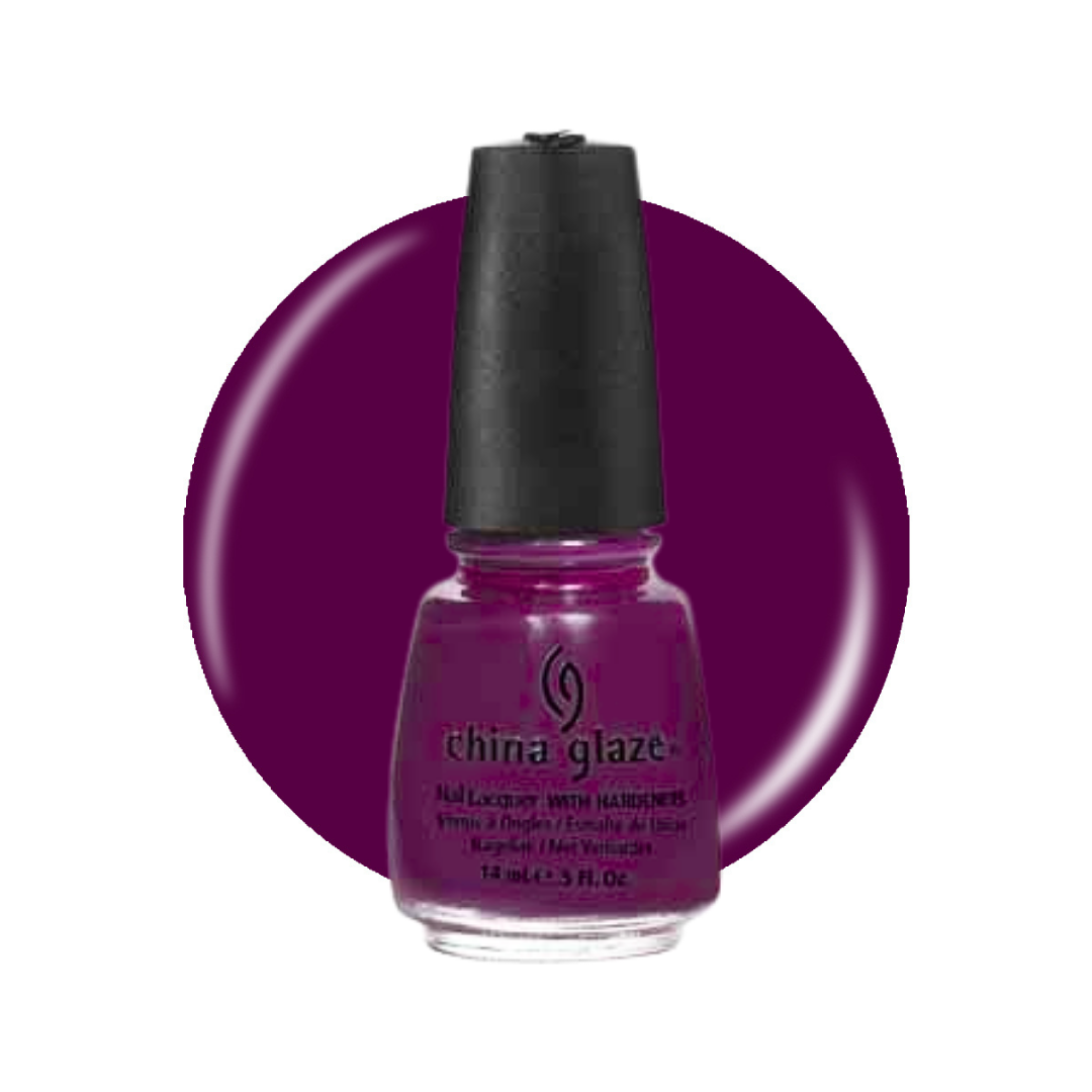 A bottle of China Glaze nail polish in a deep magenta-purple shade, set against a matching circular color swatch on a white background.