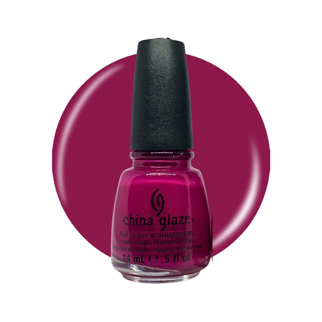 A bottle of China Glaze nail polish in a deep magenta shade, set against a matching circular color swatch on a white background.
