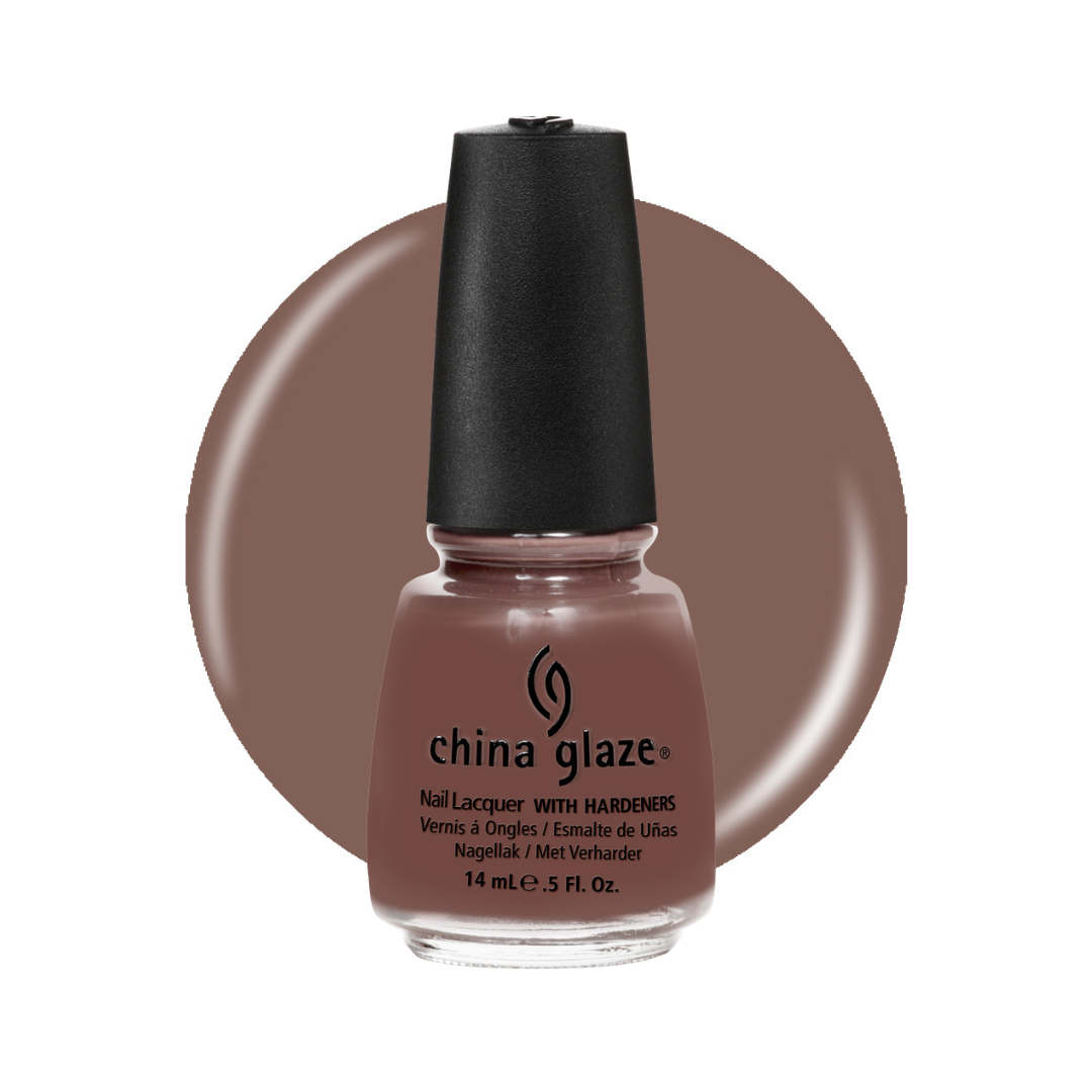 A bottle of China Glaze nail polish in a warm taupe-brown shade, shown against a matching circular color swatch on a white background.