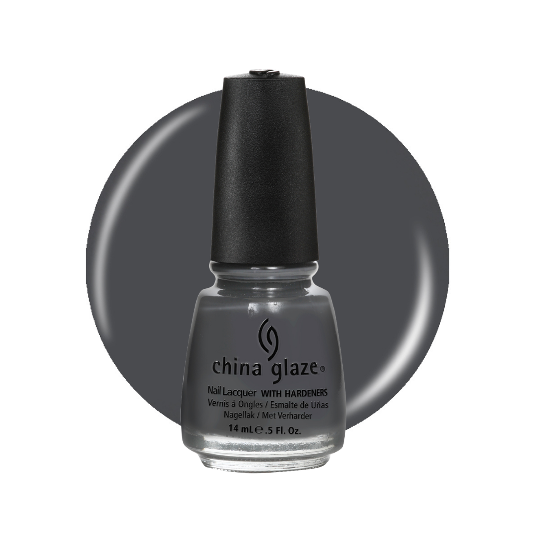 A bottle of China Glaze nail lacquer with hardeners in a dark gray shade, shown against a white background with a matching gray circular color swatch behind it.