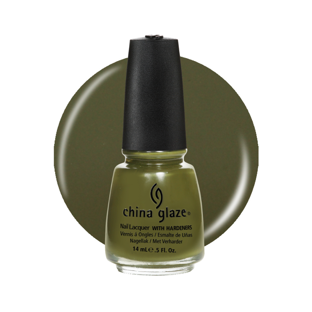 A bottle of China Glaze nail polish in an olive-green color shown both inside the clear bottle and as a matching circular swatch on a white background.