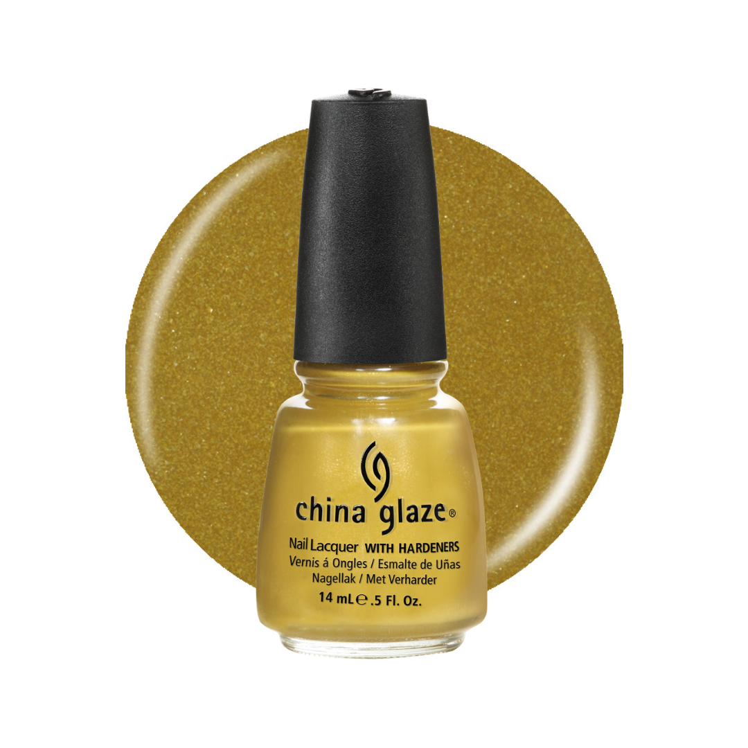 A bottle of China Glaze nail lacquer in a sparkling gold shade, shown in front of a matching circular gold swatch on a white background.