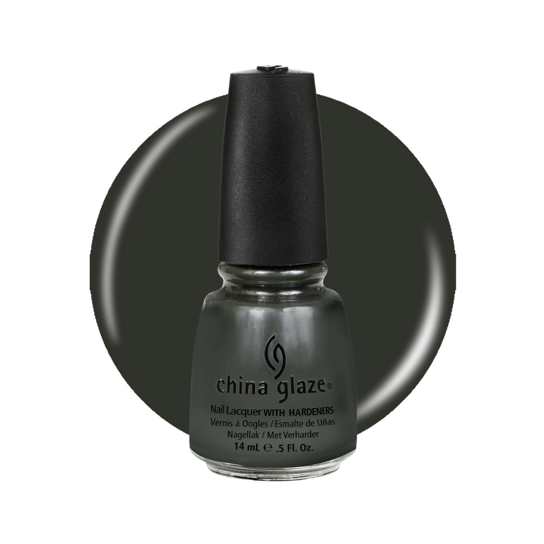 A bottle of China Glaze nail polish in a dark charcoal gray color, shown in front of a matching circular color swatch on a white background.