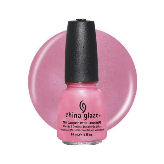 A bottle of China Glaze nail polish in a medium pink shade, shown with a large circular pink color swatch behind it on a white background.