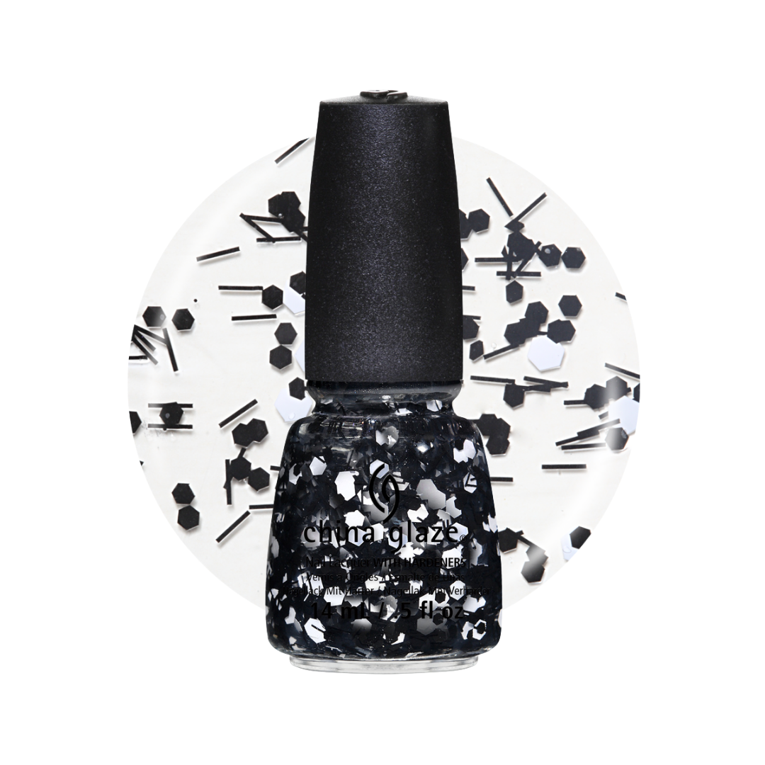 A bottle of China Glaze black glitter nail polish with silver and white reflective flakes, shown against a white background with a circular graphic of scattered black hexagons.