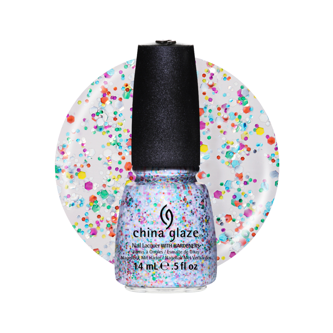 A bottle of China Glaze nail lacquer with multicolor glitter, set against a circular white background patterned with the same multicolor confetti.