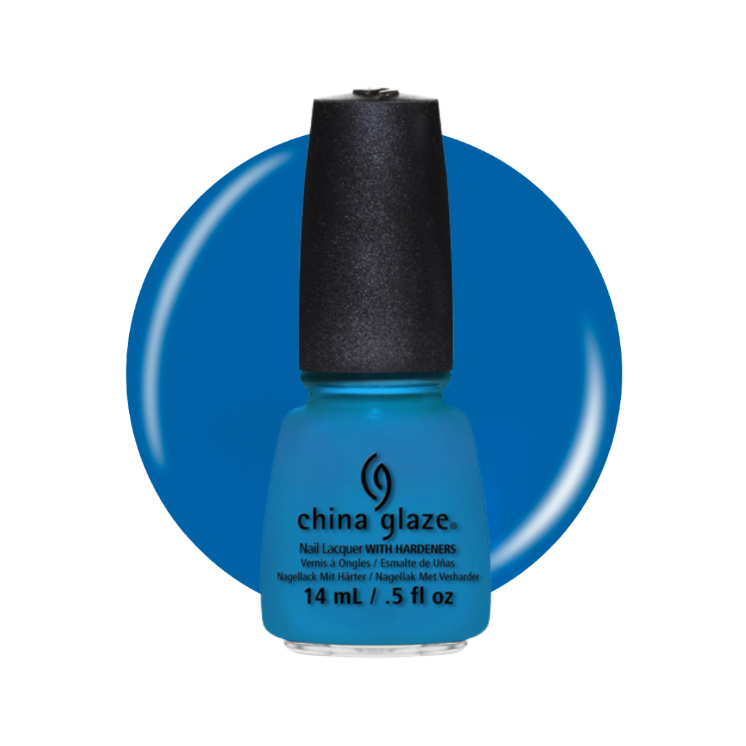 A bottle of China Glaze nail polish with hardeners in a vibrant medium blue shade, shown against a white background with a matching blue circular color swatch behind it.