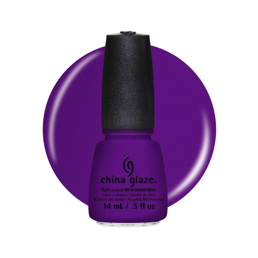 A bottle of China Glaze nail polish in a deep purple shade, shown against a matching purple circular swatch on a white background.