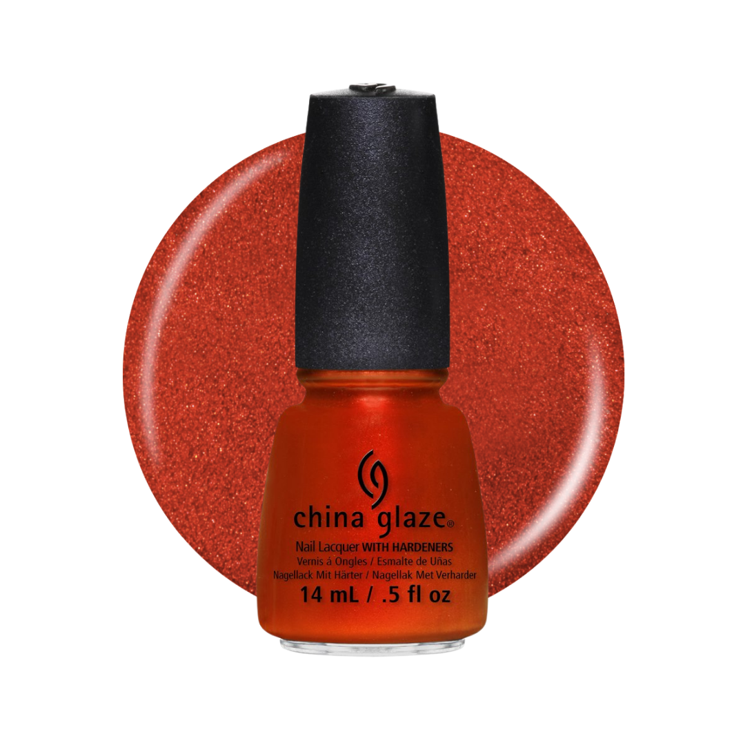 A bottle of China Glaze nail polish in a shimmering orange-red shade, shown in front of a matching circular color swatch on a white background.