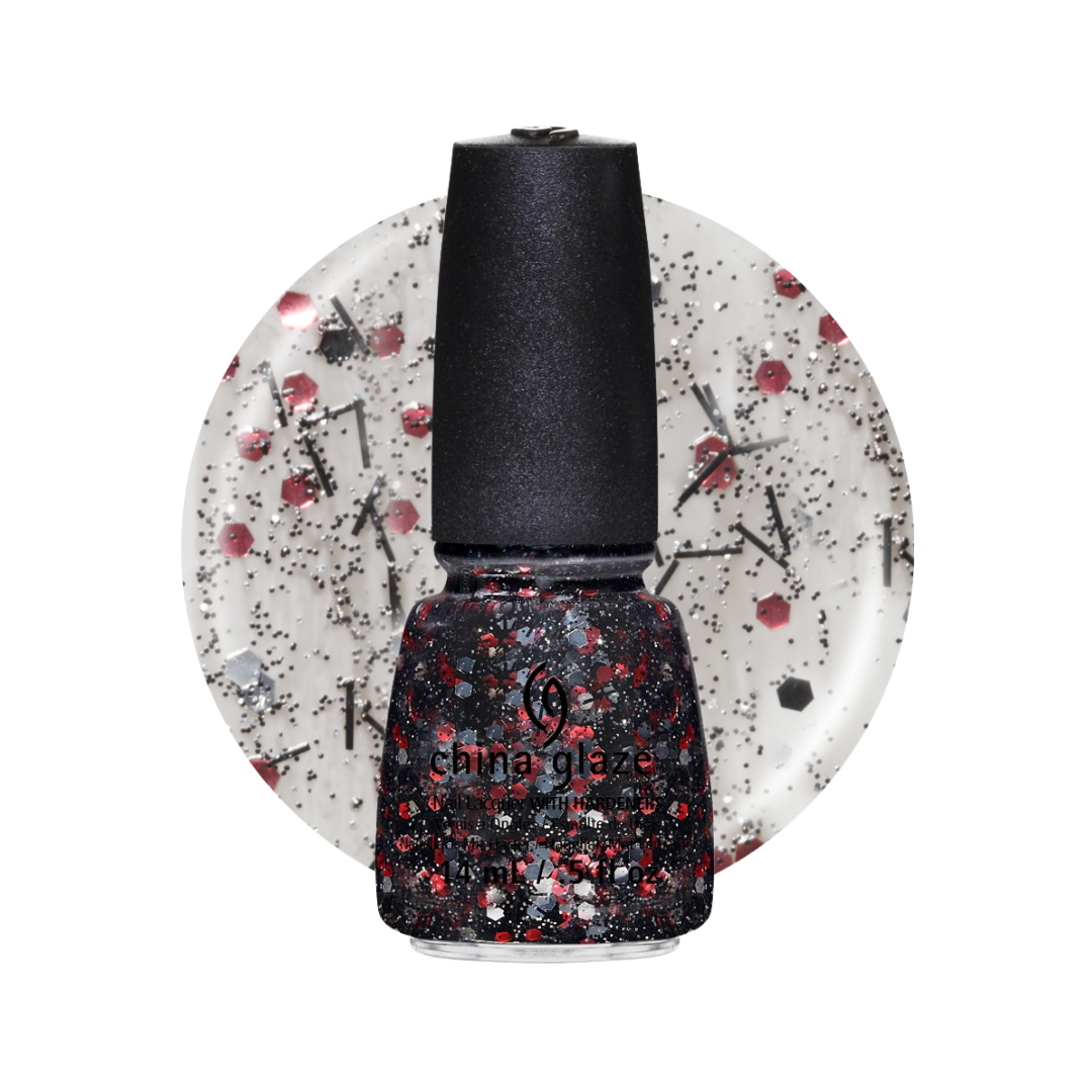 A bottle of China Glaze black and red glitter nail polish with a black cap, shown in front of a circular swatch of multicolor glitter on a white background.