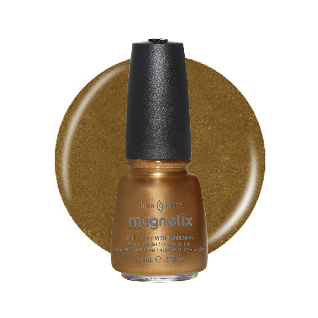 A bottle of Shimmer Glaze Magnetix nail polish in a warm metallic bronze-brown shade, shown in front of a large circular swatch of the same glittery gold-bronze color on a white background.