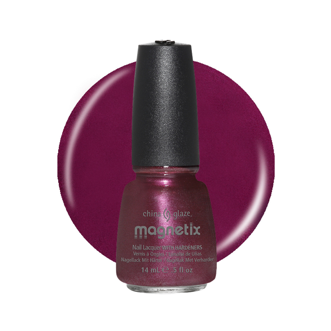 A bottle of China Glaze Magnetix nail polish in a deep berry purple shade, shown with a large matching circular color swatch behind it on a white background.