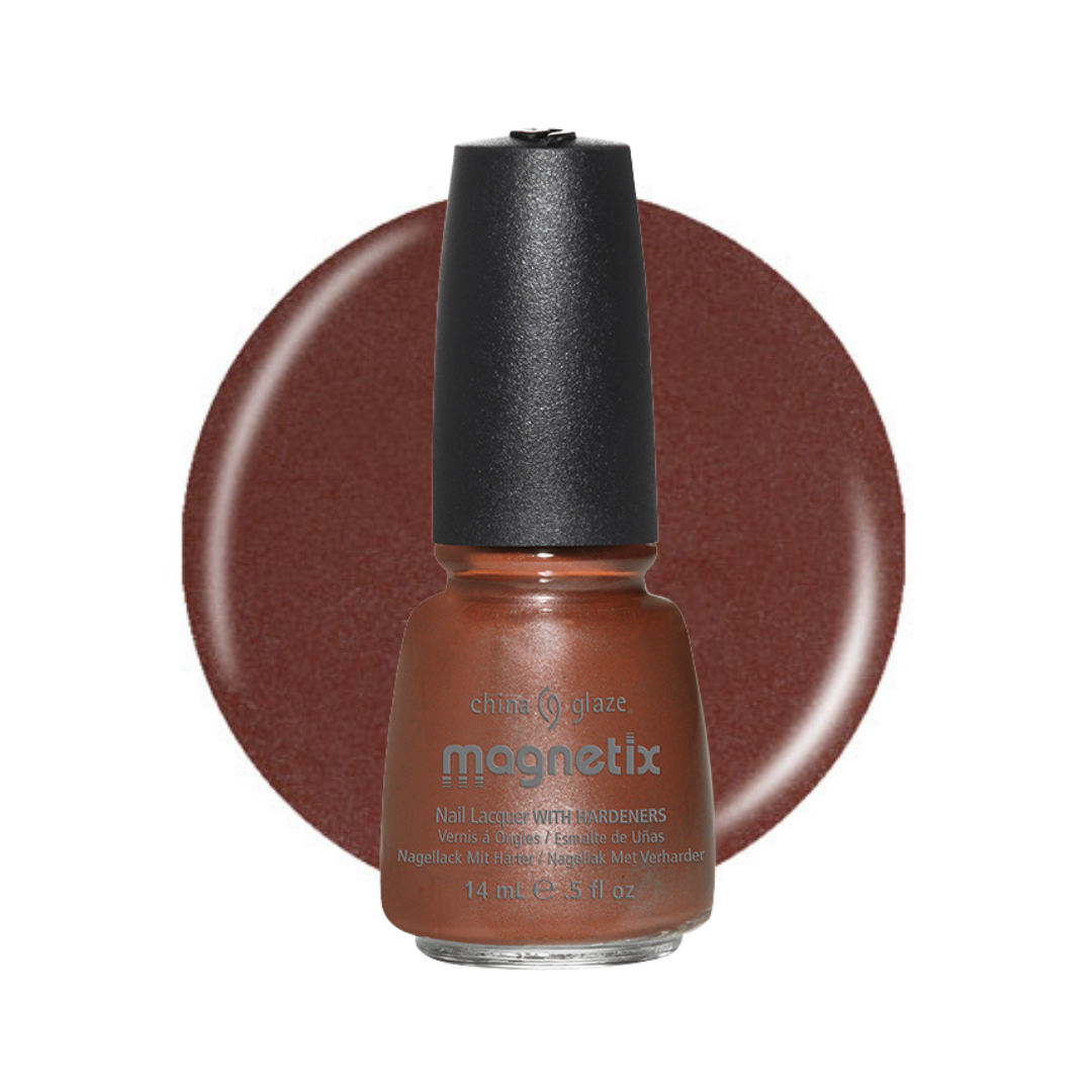 A bottle of China Glaze Magnetix nail polish in a warm terracotta brown shade, shown in front of a matching circular color swatch on a white background.