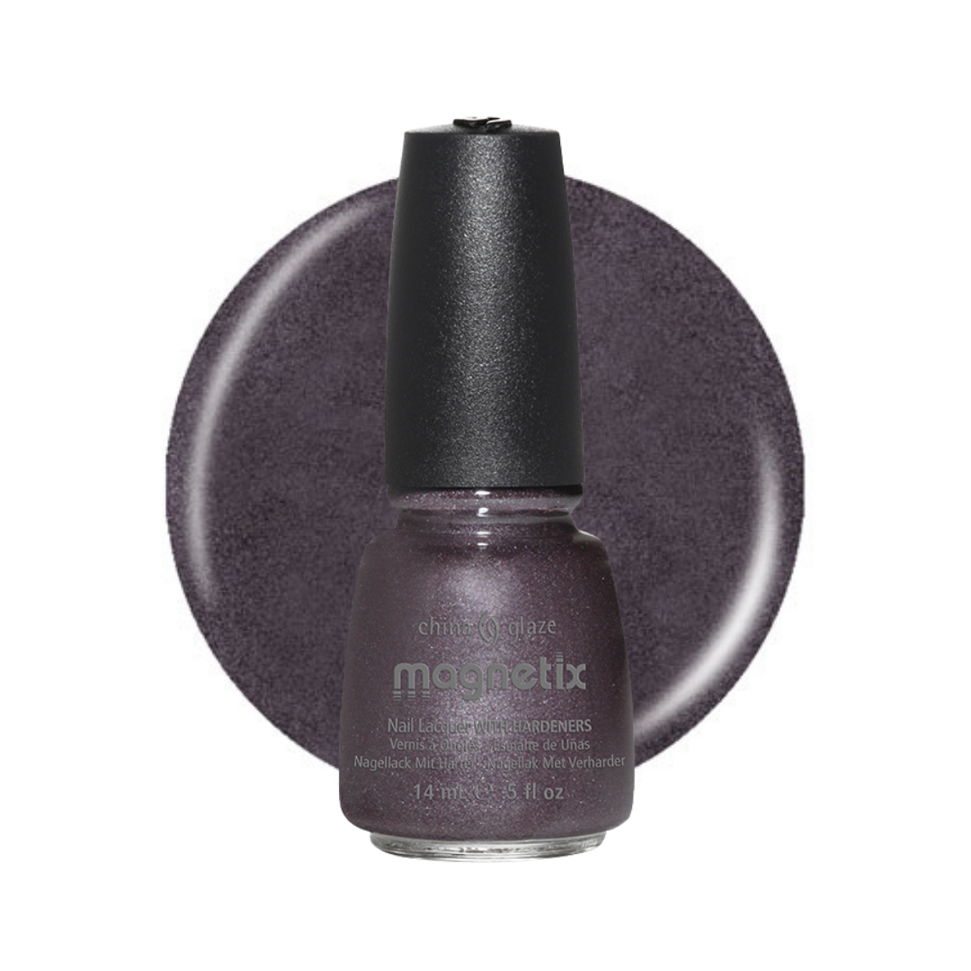 A bottle of China Glaze Magnetix polish featuring a dark, shimmery plum-purple color, set against a matching circular color swatch on a white background.