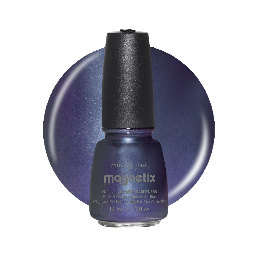 A bottle of Magnetix China Glaze nail lacquer with hardeners in a deep shimmering purple shade, shown in front of a matching circular color swatch on a white background.