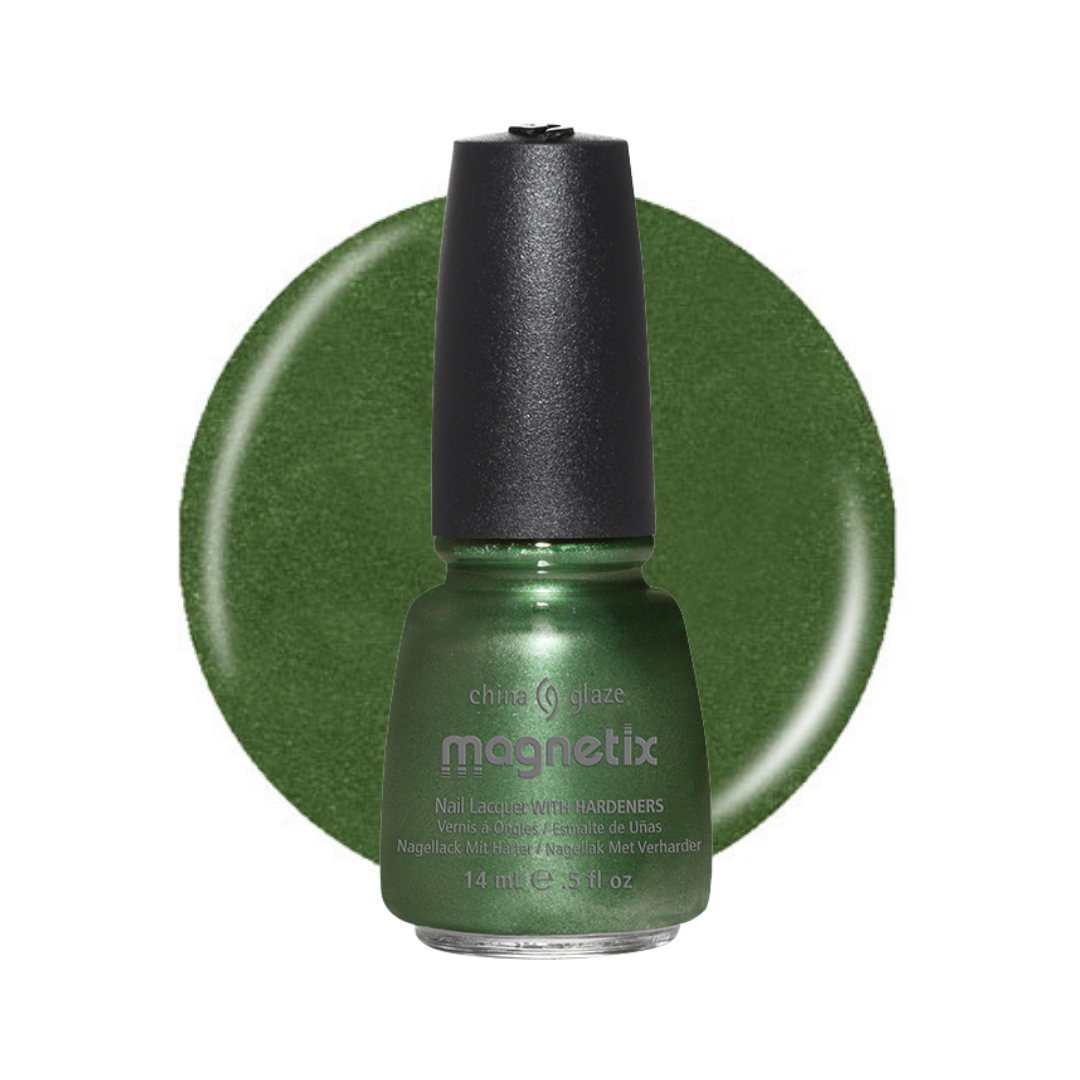 A bottle of China Glaze Magnetix nail lacquer in a shimmering metallic olive-green shade, shown in front of a matching circular color swatch on a white background.