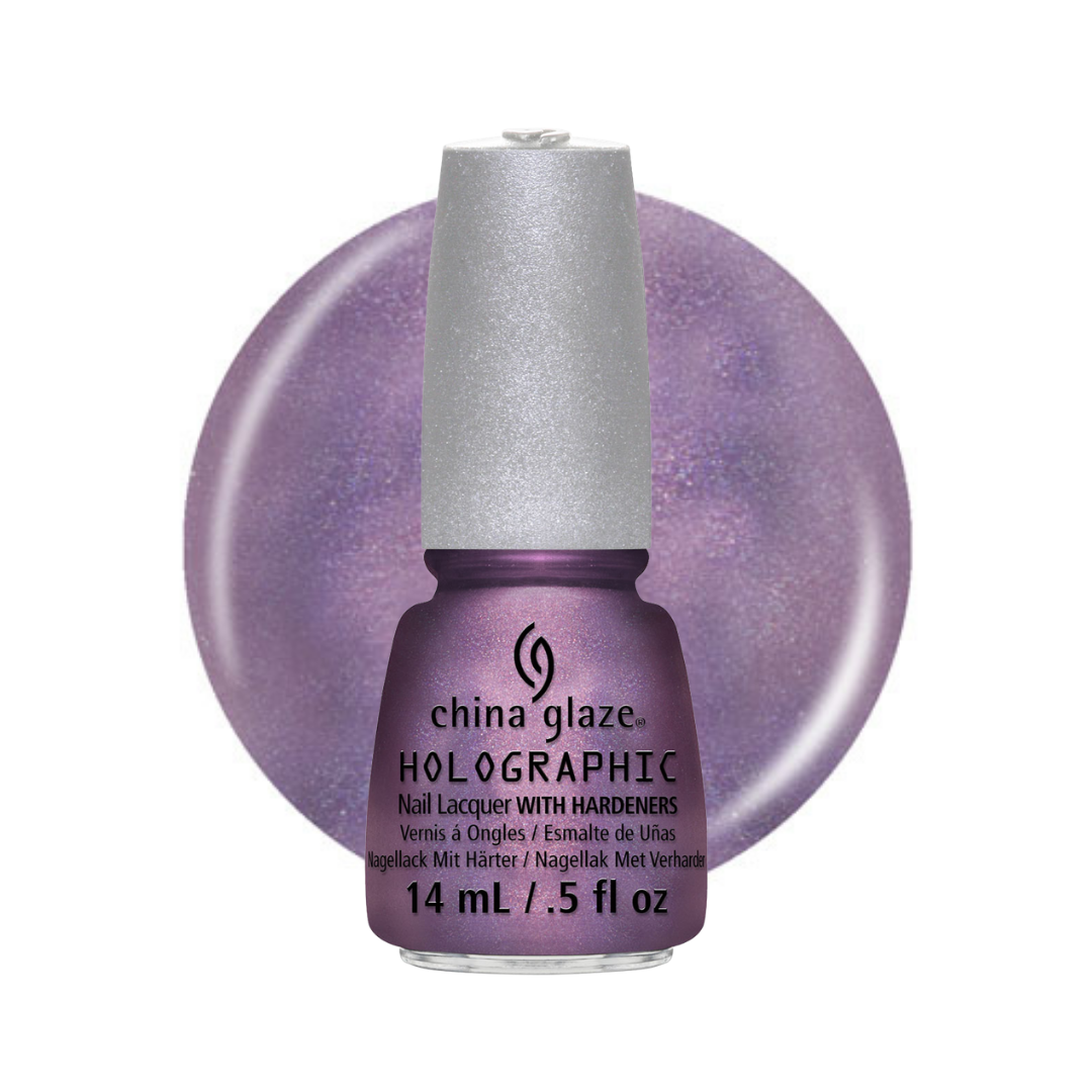 A bottle of China Glaze Holographic nail lacquer in a shimmery lavender-purple shade, shown in front of a matching circular color swatch on a white background.