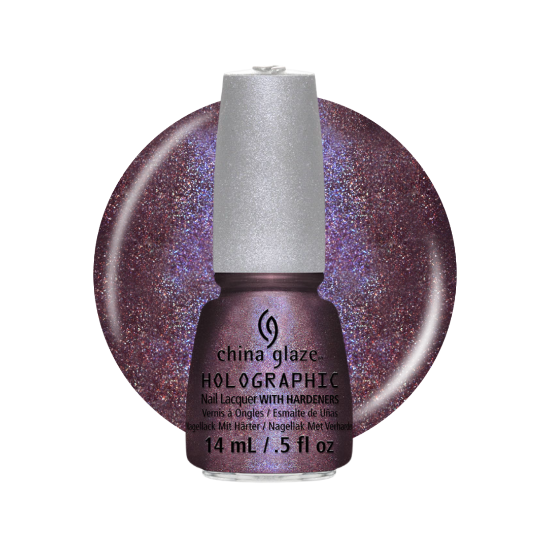 A bottle of China Glaze holographic nail polish in a metallic purple shade, shown in front of a matching circular swatch on a white background.