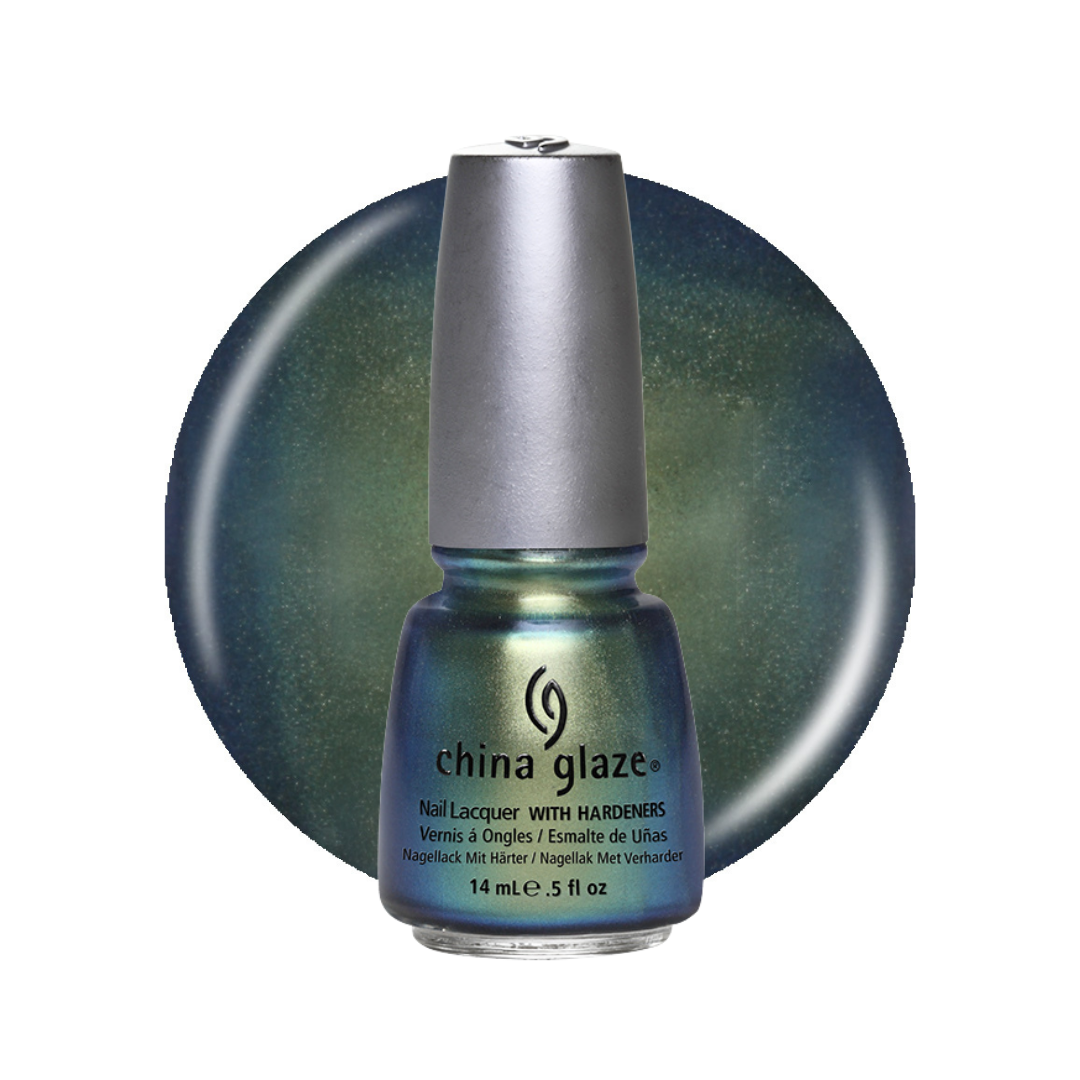 A bottle of China Glaze nail polish with a metallic teal and green shimmer, set against a matching circular color swatch on a white background.