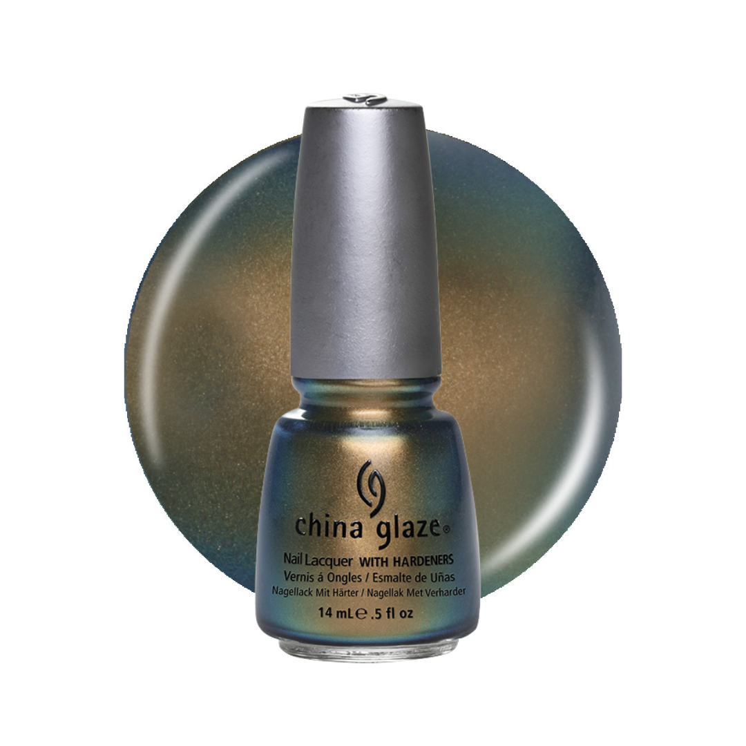 A bottle of China Glaze nail polish with a metallic teal-blue finish, shown in front of a circular color swatch of the same shimmering color on a white background.
