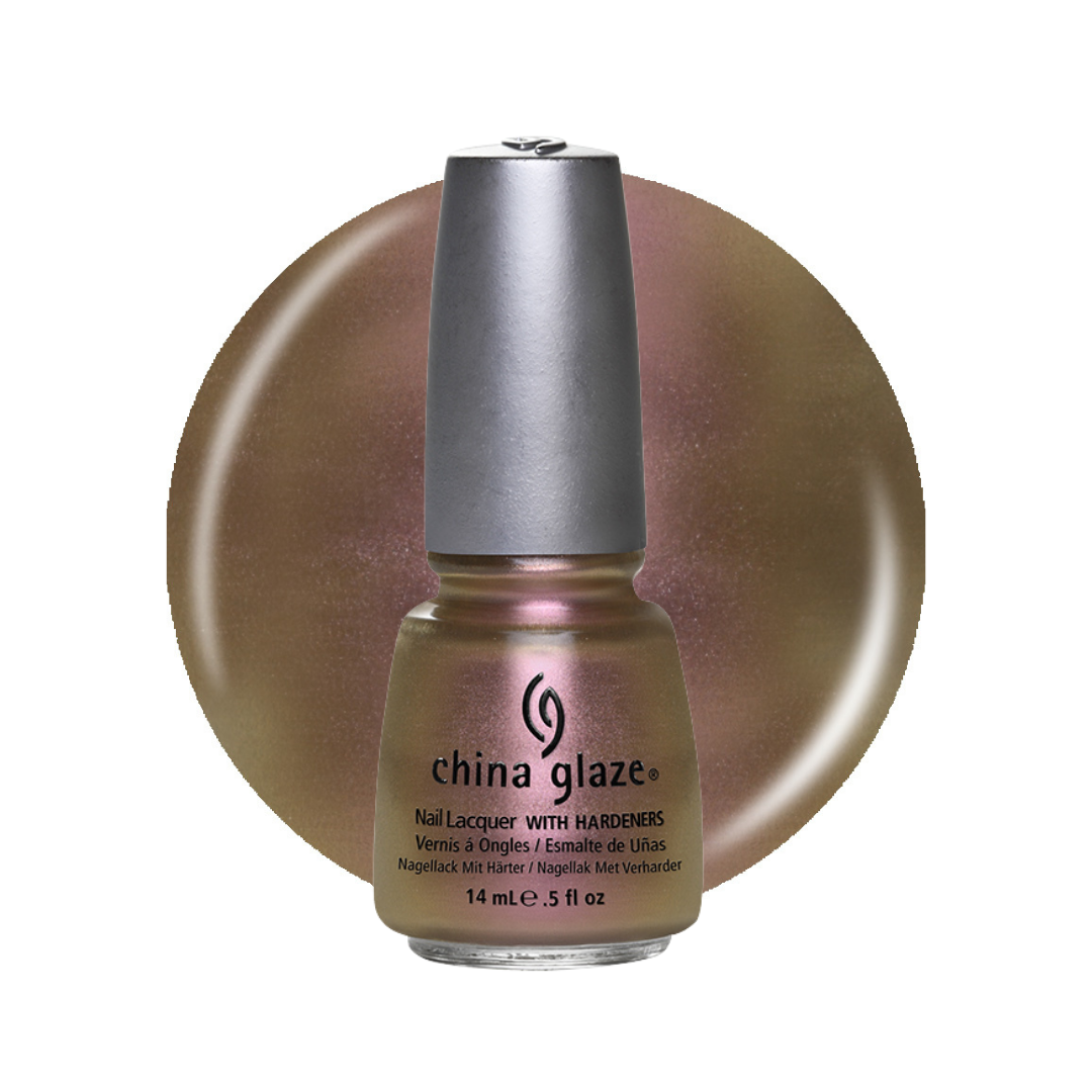 A bottle of China Glaze nail polish with a metallic bronze finish, set against a matching circular color swatch on a white background.