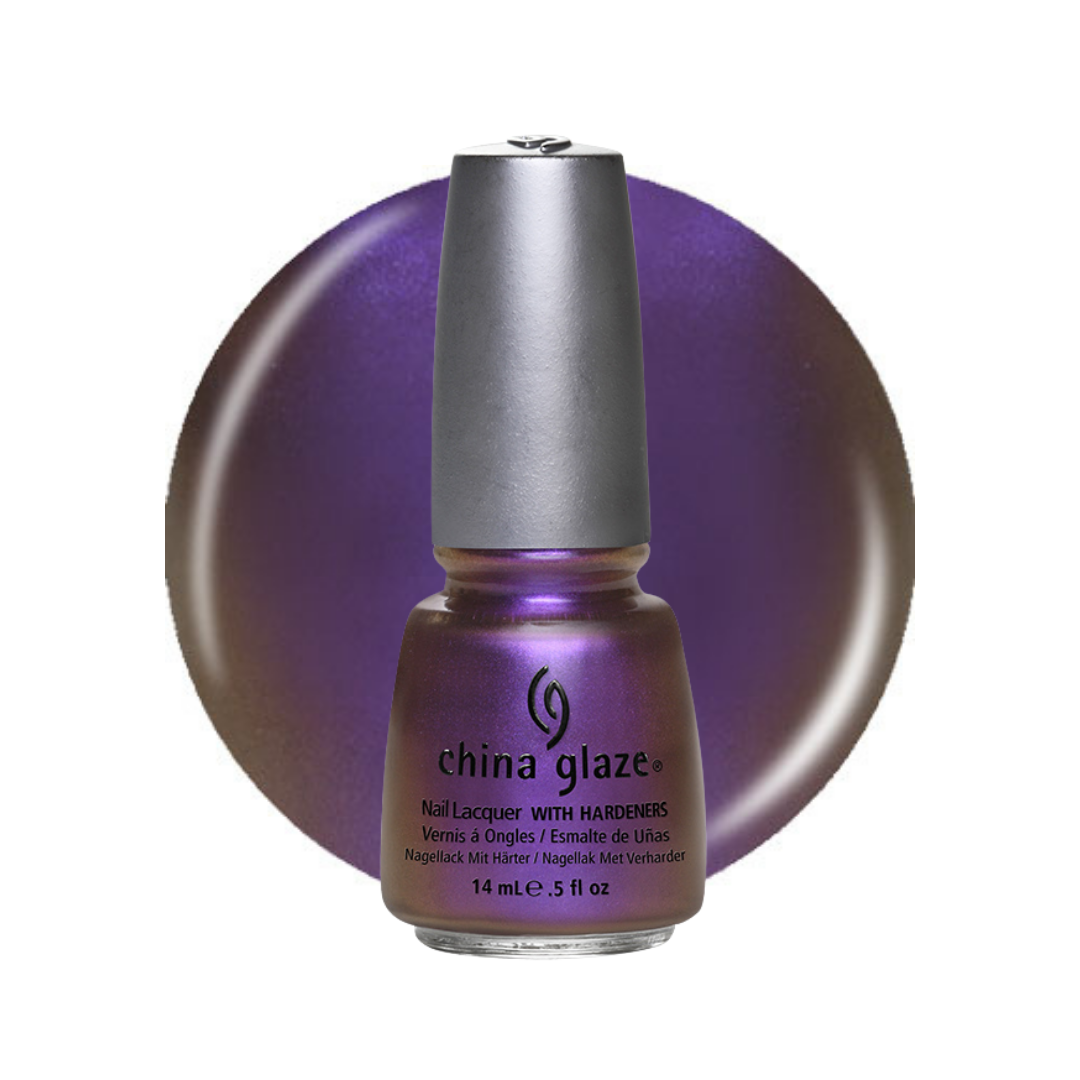 A bottle of China Glaze nail lacquer with a metallic purple and bronze gradient finish, set against a matching circular color swatch on a white background.