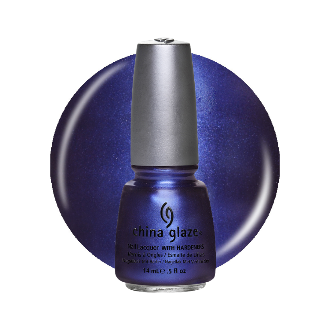 A bottle of China Glaze Holographic nail polish in a shimmering purple blue shade, shown in front of a matching circular color swatch on a white background.