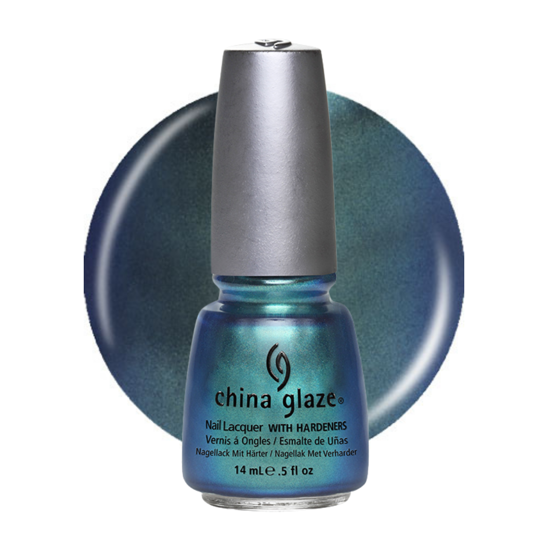 A bottle of China Glaze nail polish with hardeners in a metallic teal-blue shade, shown in front of a matching circular color swatch on a white background.