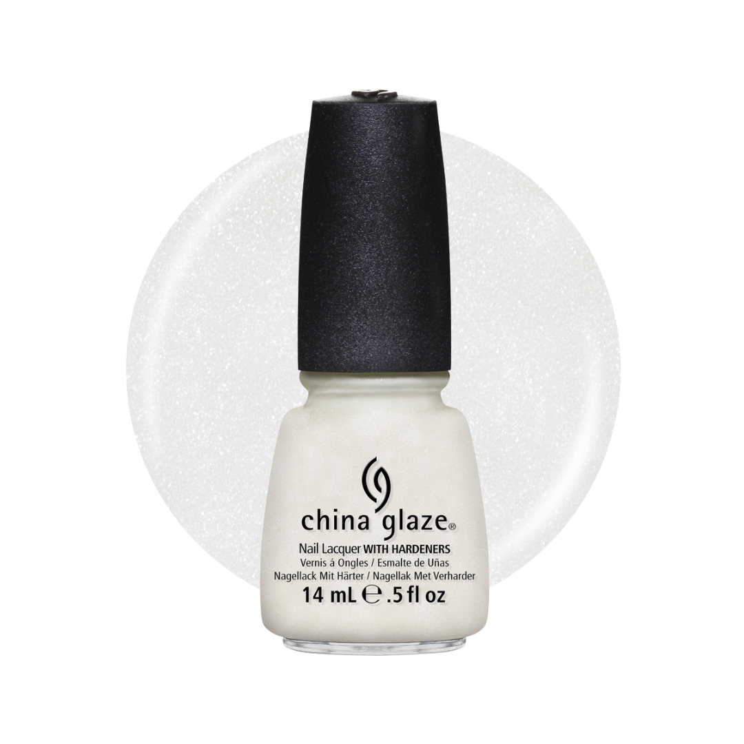A bottle of China Glaze nail polish in a shimmering white shade, featuring a black cap and a circular white glitter swatch behind the bottle on a white background.