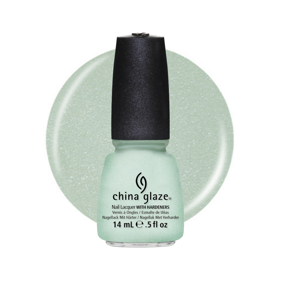 A bottle of China Glaze nail polish in a pale mint green glitter shade, shown against a matching circular swatch on a white background.