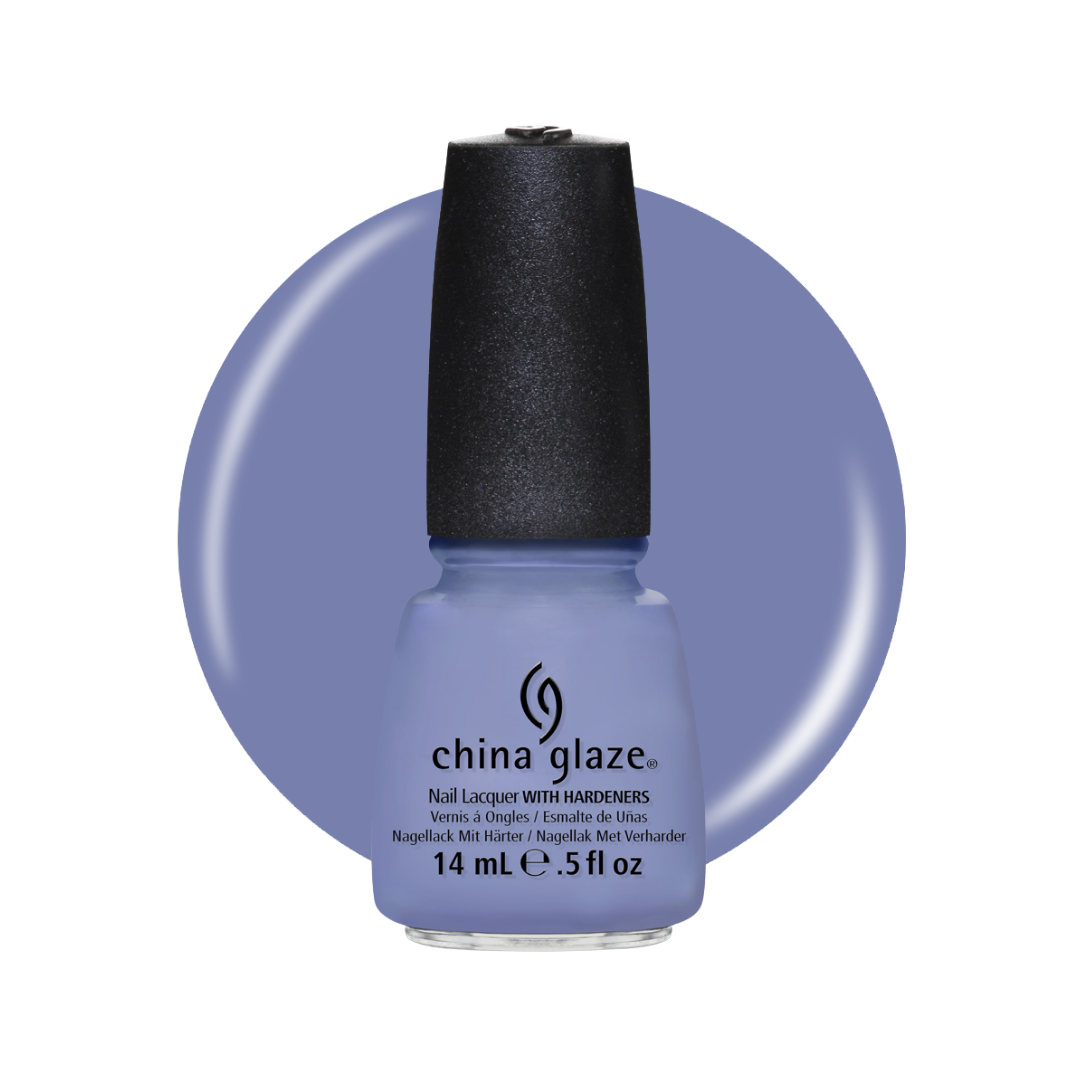 A bottle of China Glaze nail polish in a dusty periwinkle blue shade, shown against a white background with a matching circular color swatch behind it.