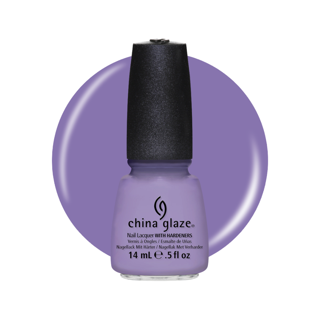 A bottle of China Glaze nail polish in a light lavender purple shade, shown against a matching purple circular background on a white studio backdrop.